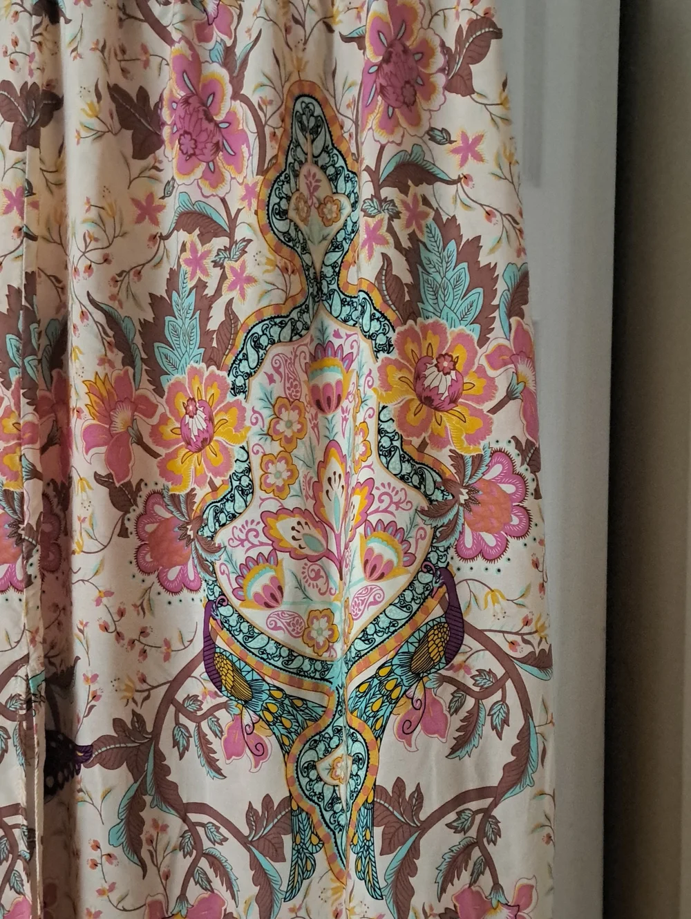 Blush Pink, Yellow,pink  Floral Bird  Printed Maxi Skirt Slit Sides SzS EUC